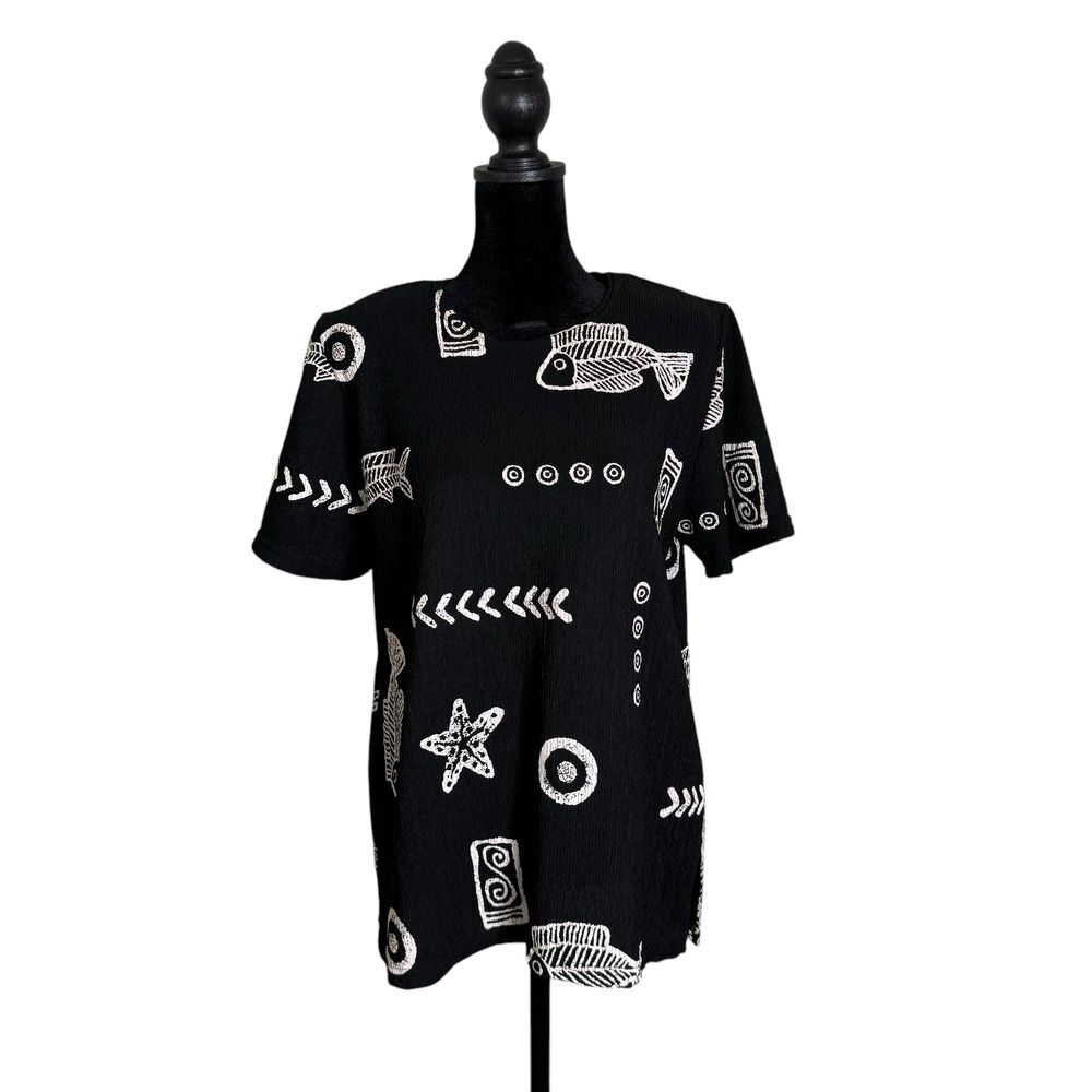 Artsy BOHO Black Top Women Size S‎ Fish Doodle Print Crinkle Art To Wear Fashque